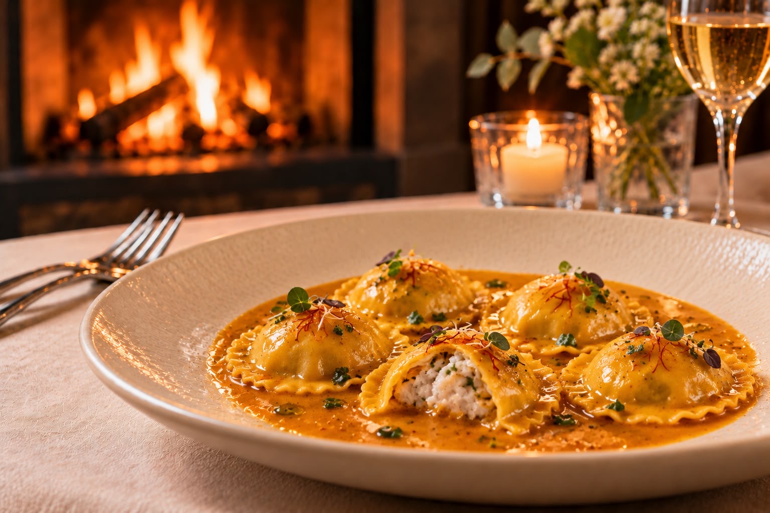Ravioli del BLUE LUX serviti a cena, con luce di candela
