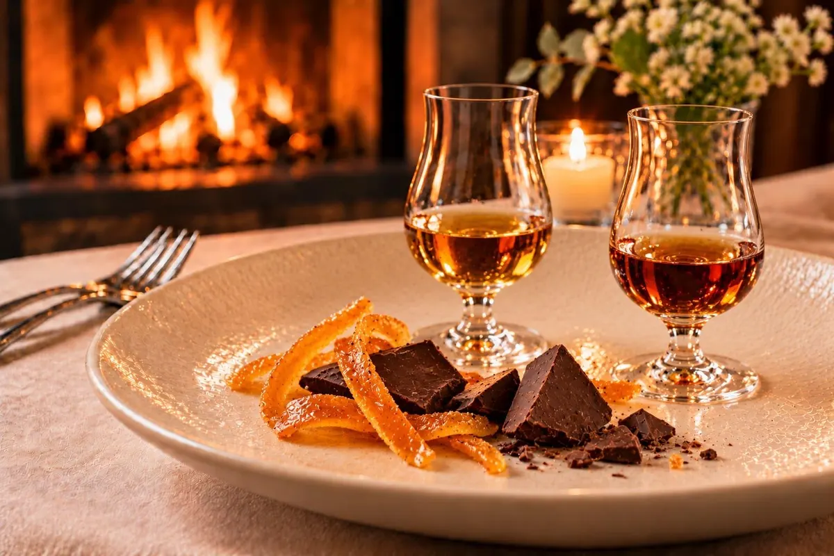Due bicchieri di rum con arancia candita e cioccolato fondente